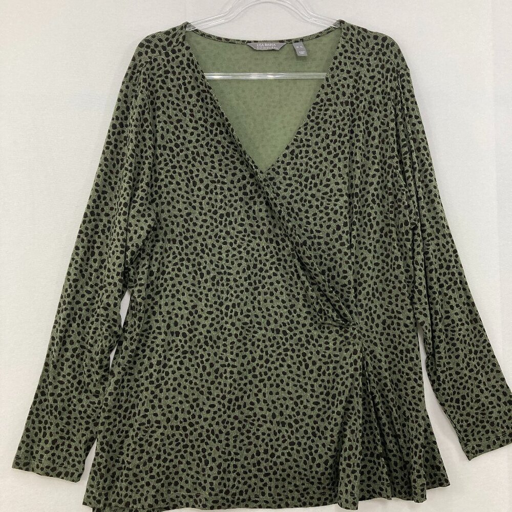 Lisa Rinna size XL Green Black Polka Dot Stretch Knit Surplice Blouse Office